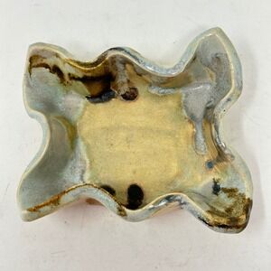 Signed Studio Pottery Trinket Dish Wavy Organic Stoneware Blue Tan Courtney Rae